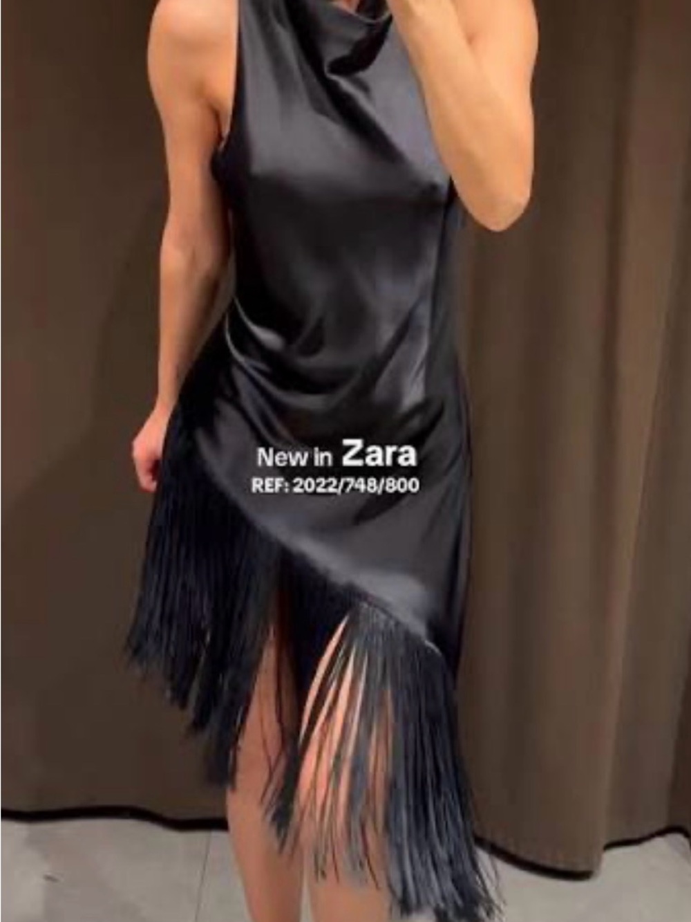 Zara Black Satin Fringe Asymmetric Mini Dress